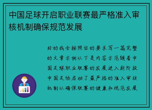 中国足球开启职业联赛最严格准入审核机制确保规范发展 中国足球开启职业联赛最严格准入审核机制确保规范发展
