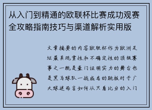 从入门到精通的欧联杯比赛成功观赛全攻略指南技巧与渠道解析实用版 从入门到精通的欧联杯比赛成功观赛全攻略指南技巧与渠道解析实用版