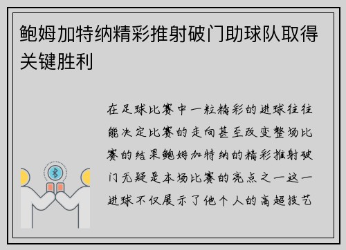 鲍姆加特纳精彩推射破门助球队取得关键胜利